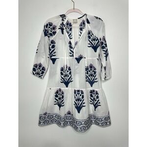Sz Blockprints Priya Mini Dress Small White Blue Floral Lightweight Sheer